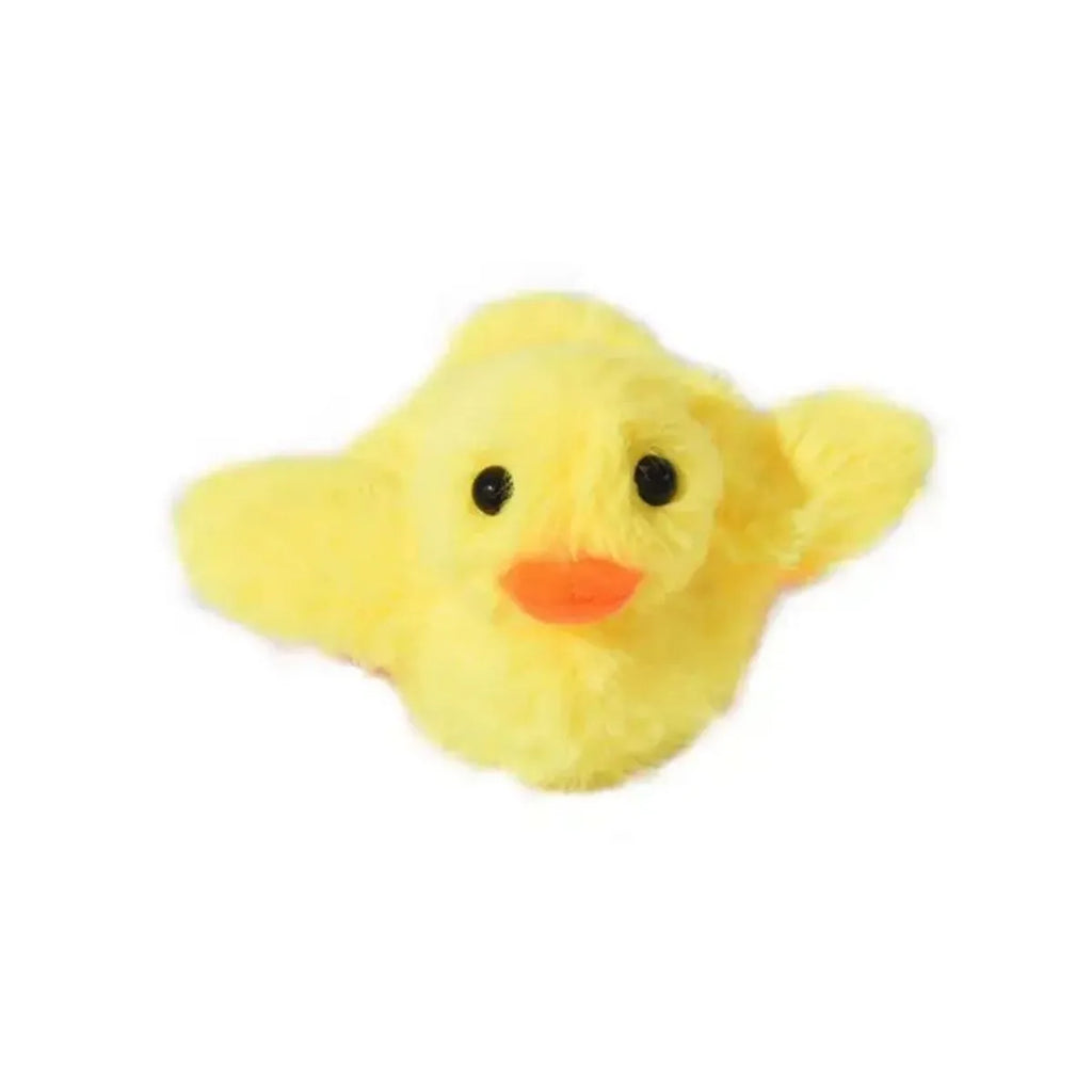 Yellow flapping duck cat toy with chick simulation shape on green background