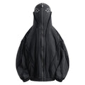 Black men's loose fit cotton padded hooded coat with zip front and abstract pattern.