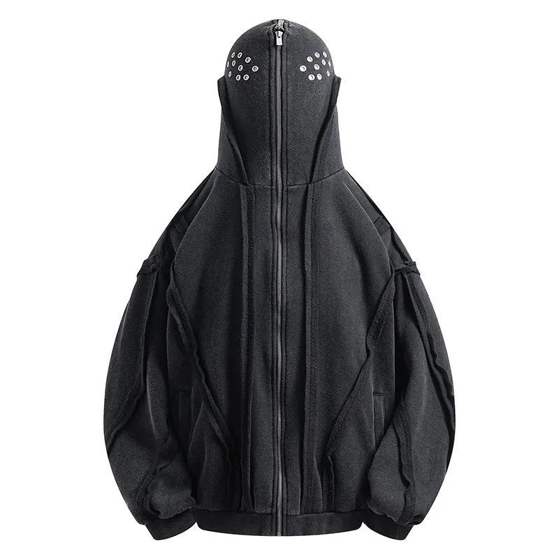 Black men's loose fit cotton padded hooded coat with zip front and abstract pattern.