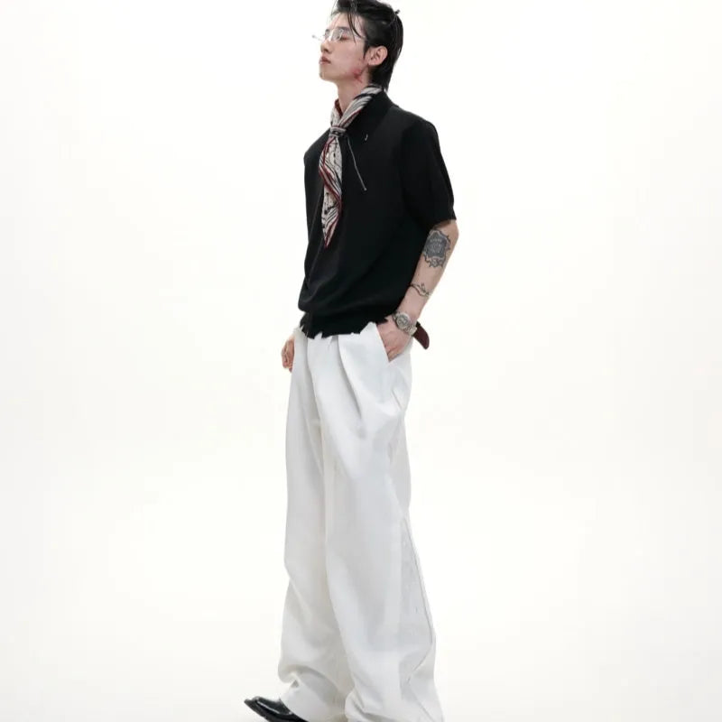 Men's slim-fit knitted polo shirt with an oblique zip in black, grey, or white.