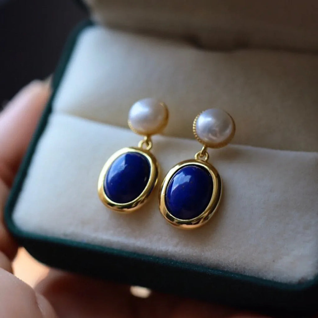 Natural lapis lazuli pearl stud earrings in sterling silver with simple design