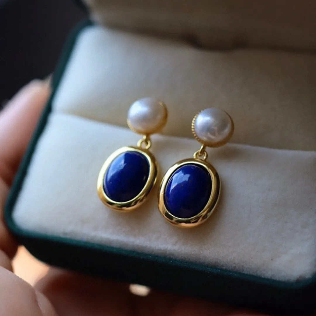 Natural lapis lazuli pearl stud earrings in sterling silver with simple design