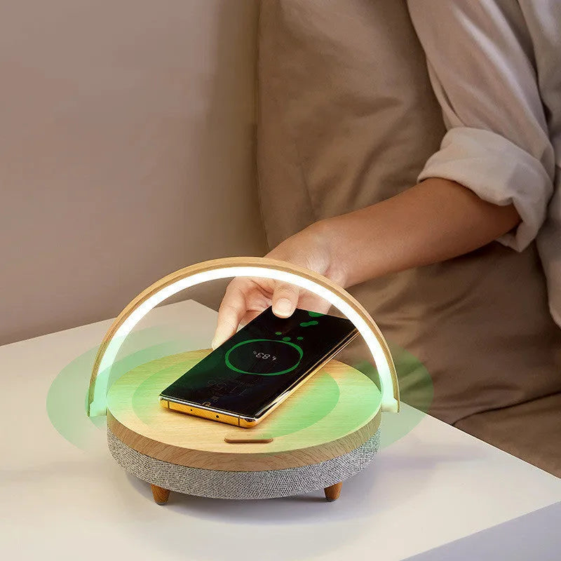 Wireless charging LED night light with Bluetooth speaker in marble pattern finish