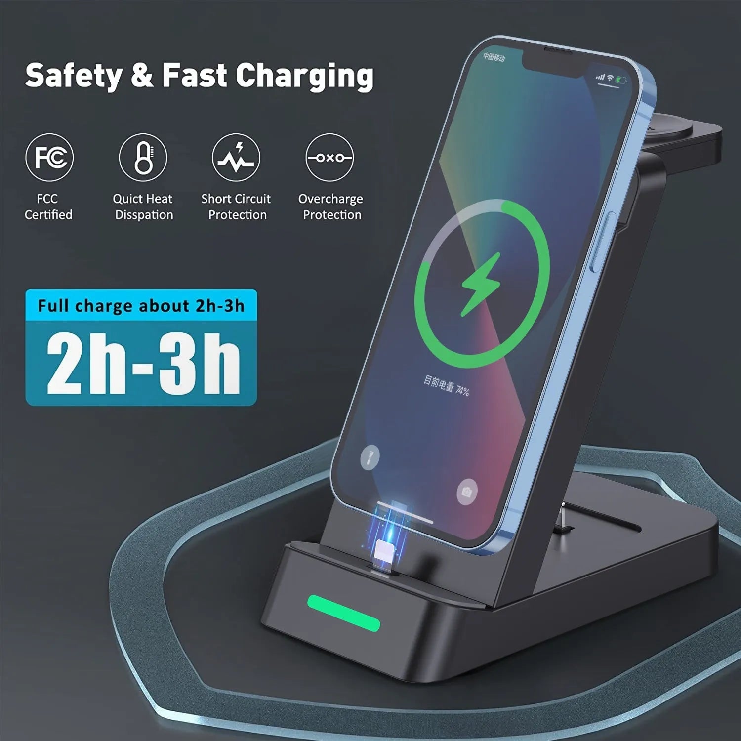 Black 3-in-1 wireless charging station with stand for phone, AirPods, and Apple Watch on a desk.
