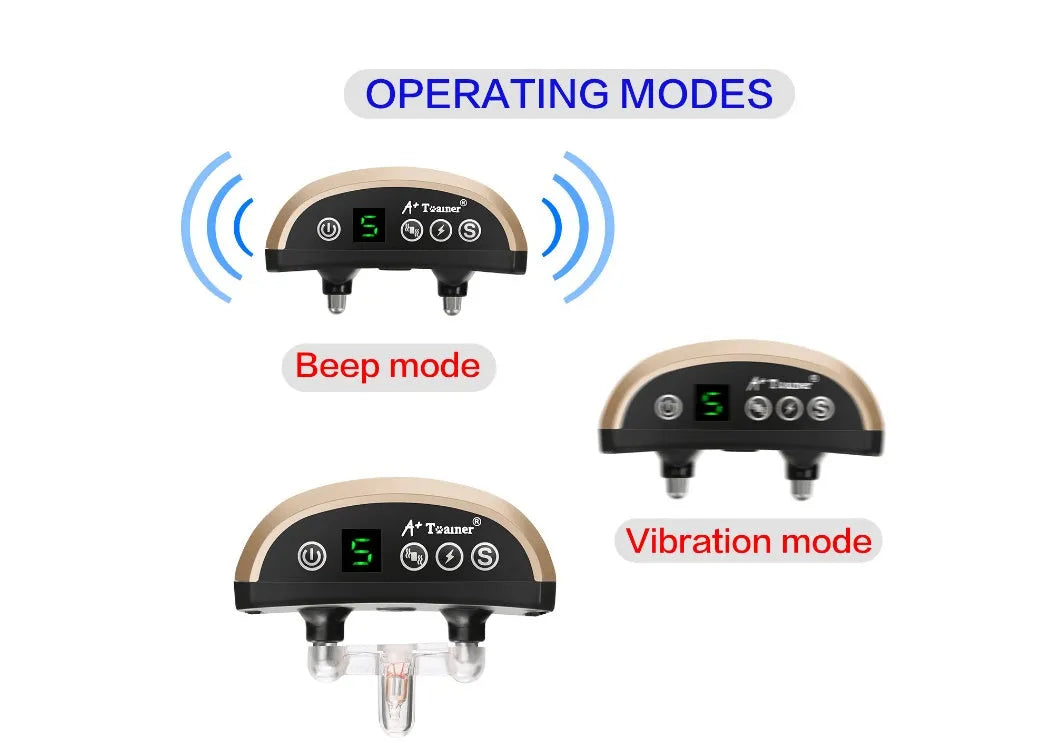 Adjustable digital dog training bark collar with display showing beep, vibration, and shock modes.