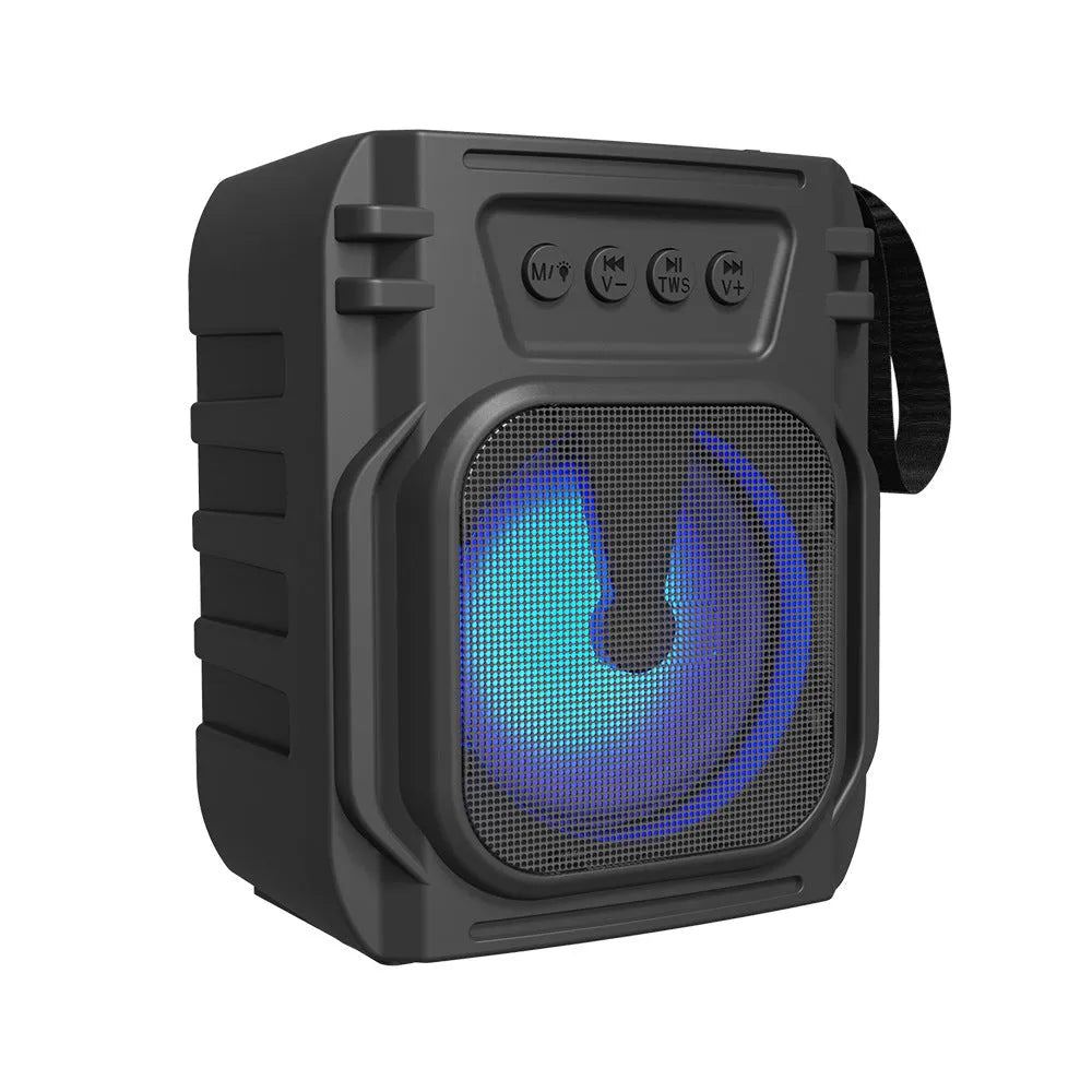 Portable Bluetooth speaker with compact 110mm design and USB charging cable