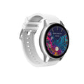 Smart watch with a silver stainless steel case and a black 1.30-inch colour touch screen.