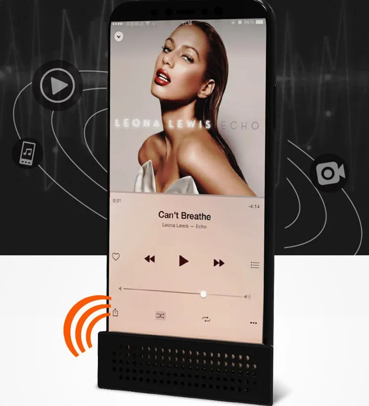 Portable iPhone speaker amplifier stand in ABS plastic showing phone in horizontal position