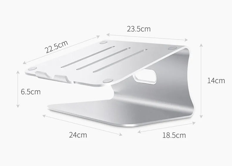 Aluminium alloy laptop cooling bracket with rotary hinge in grey and silver stripe options.