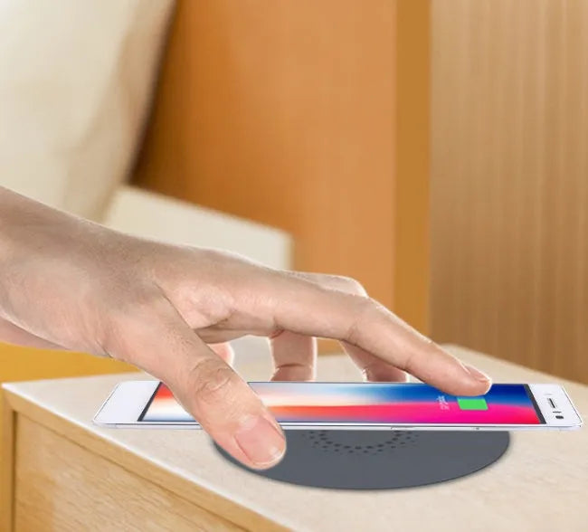 60mm round wireless charging pad for embedding into furniture surfaces with USB cable connection