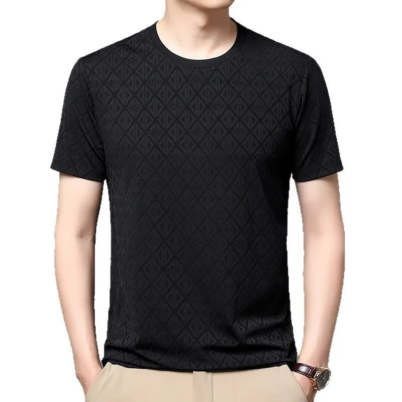 Men's black jacquard pattern short sleeve t-shirt with round neck and loose fit