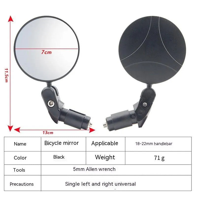Black foldable convex rearview mirror showing 7cm reflective surface and adjustable stem.
