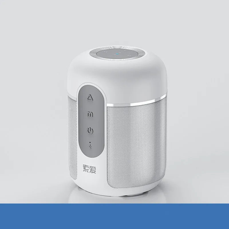 Black portable Bluetooth speaker showing front grill and controls.