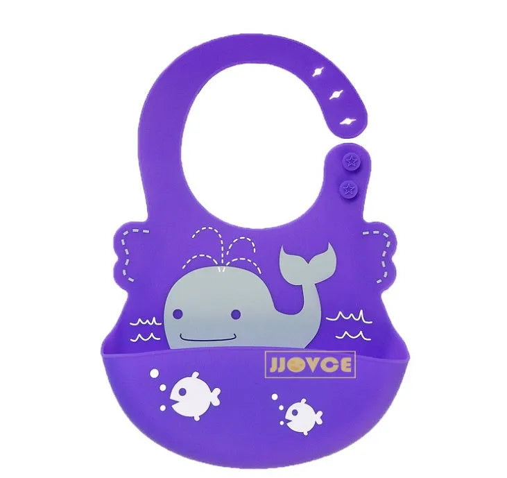 Waterproof silicone baby feeding bib with deep pocket in multiple colours, 28x21cm, on a white background