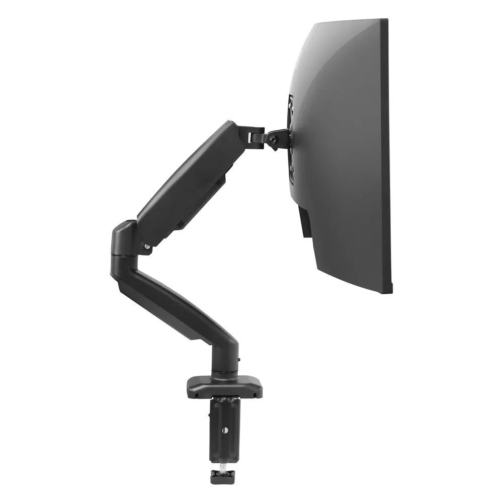 Black and white rotating telescopic LCD screen bracket with metal and aluminium construction on a desk