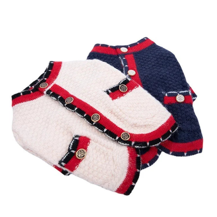 Blue wool princess-style sweater cardigan for dogs and cats shown on a pet model