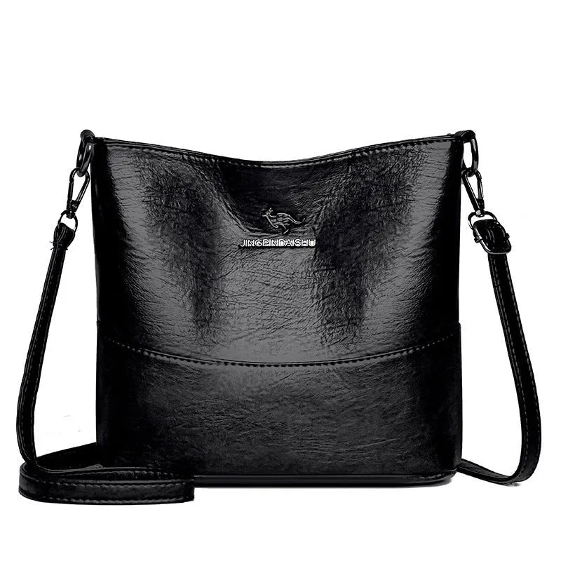 Women's soft leather shoulder bag in bucket style with large capacity and minimalist design