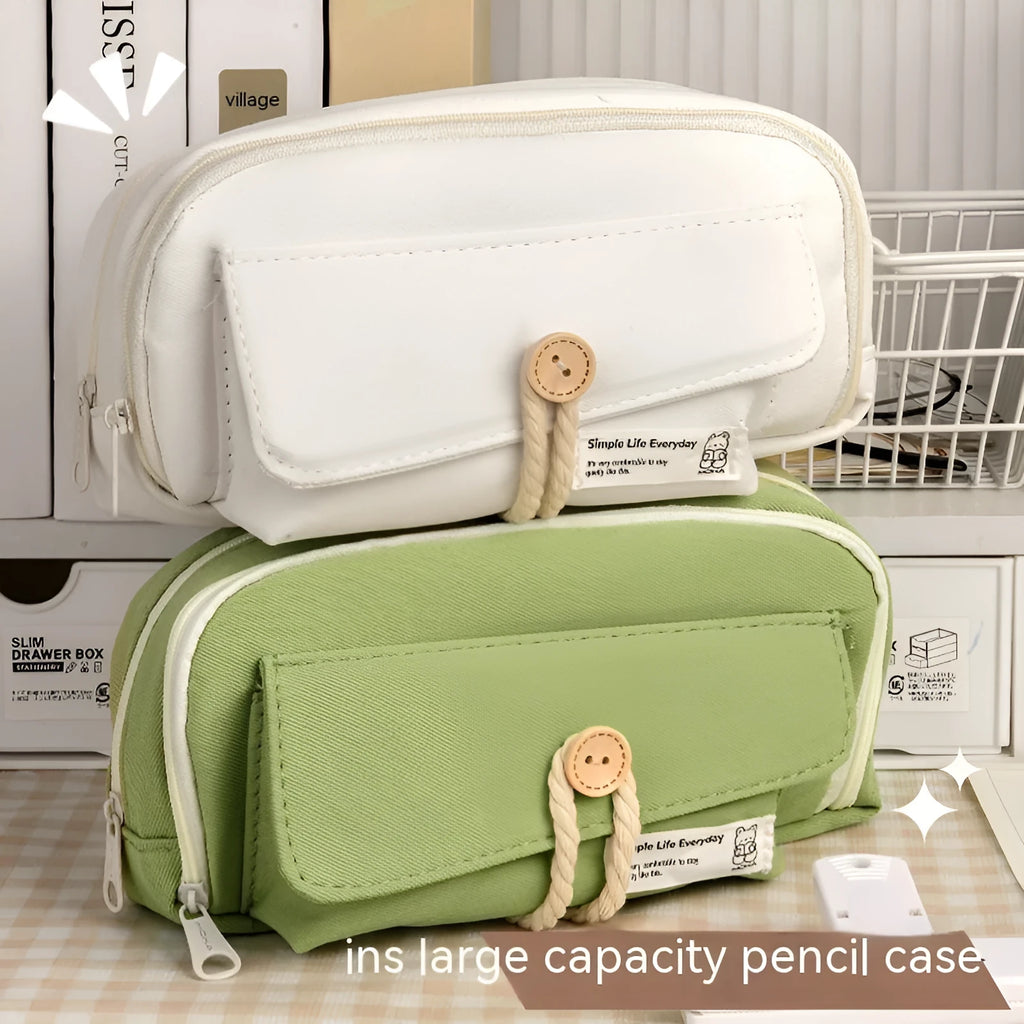 Korean-style canvas pencil case in green, beige, blue, and grey colours storing approximately 80 pens