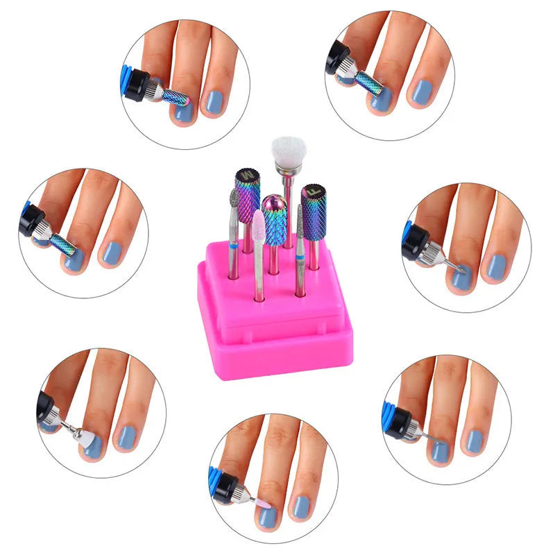 Seven piece tungsten steel alloy nail polishing head drill bit set with transparent storage case for manicure and pedicure.