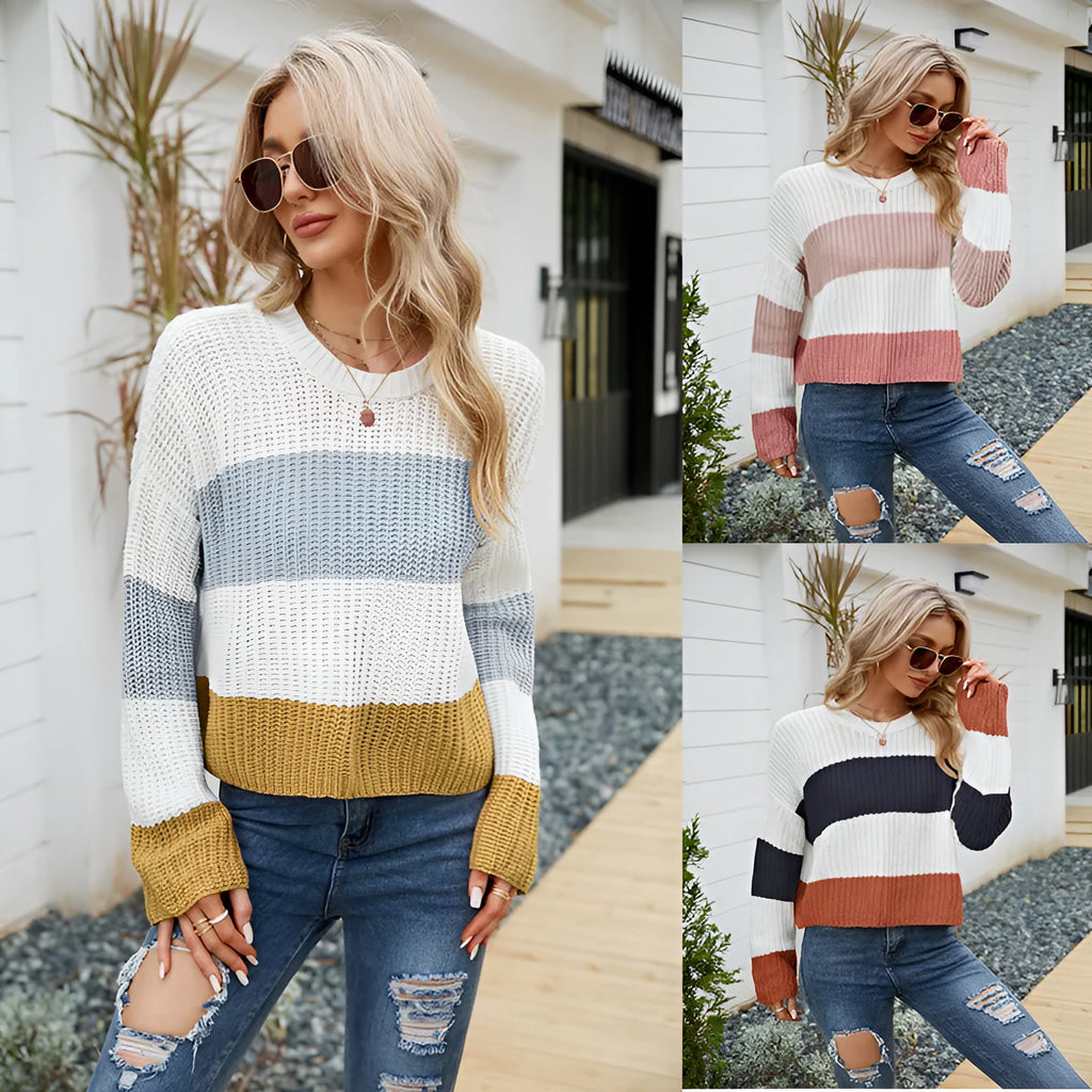Women's short striped acrylic pullover in loose fit casual style