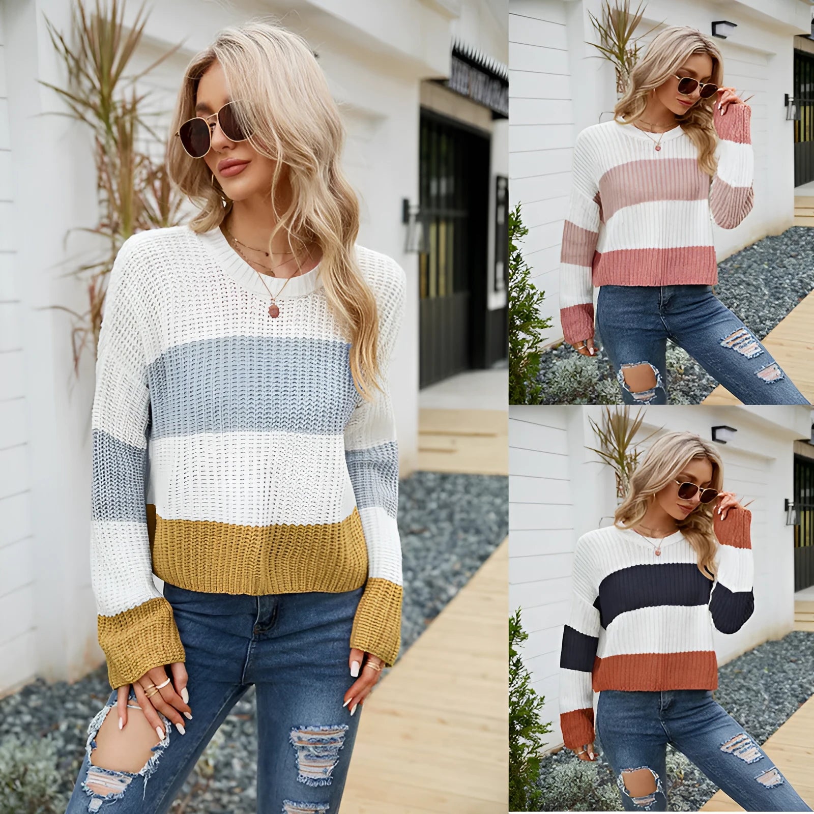 Women's short striped acrylic pullover in loose fit casual style
