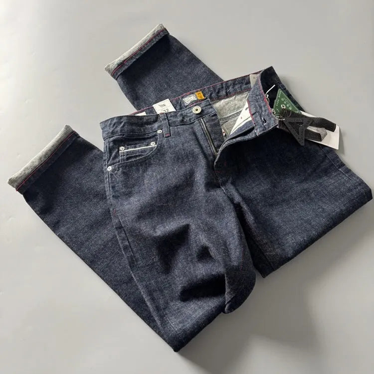 Men's straight leg jeans in primary colour denim with medium waist and regular length
