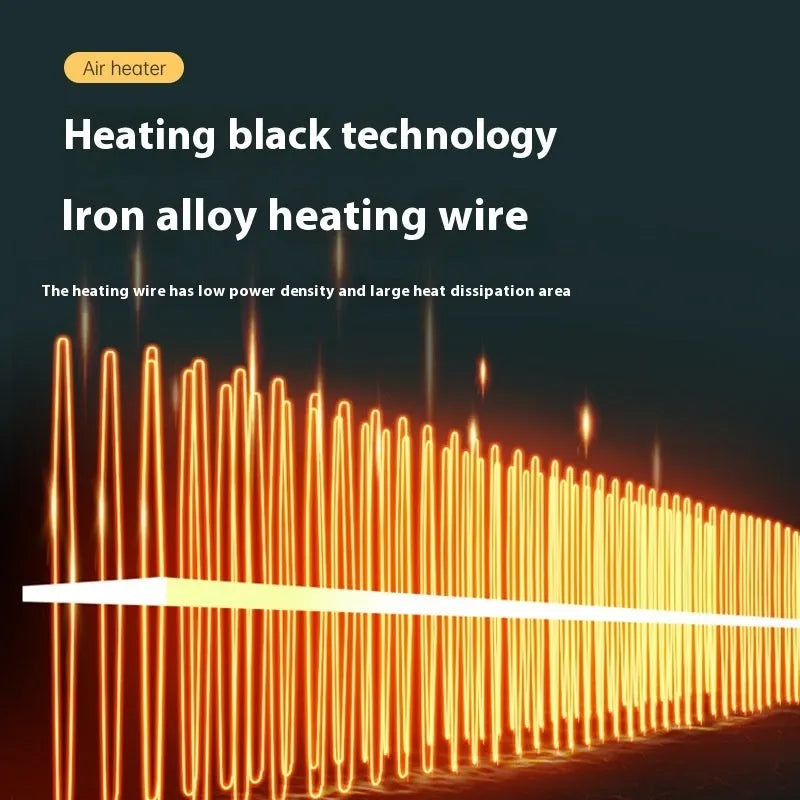 Slim white electric heater for desktop use with two speed settings.