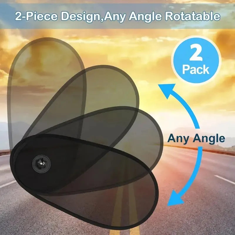 Black stretchy car side window sun shade attached with suction cups, showing adjustable coverage.