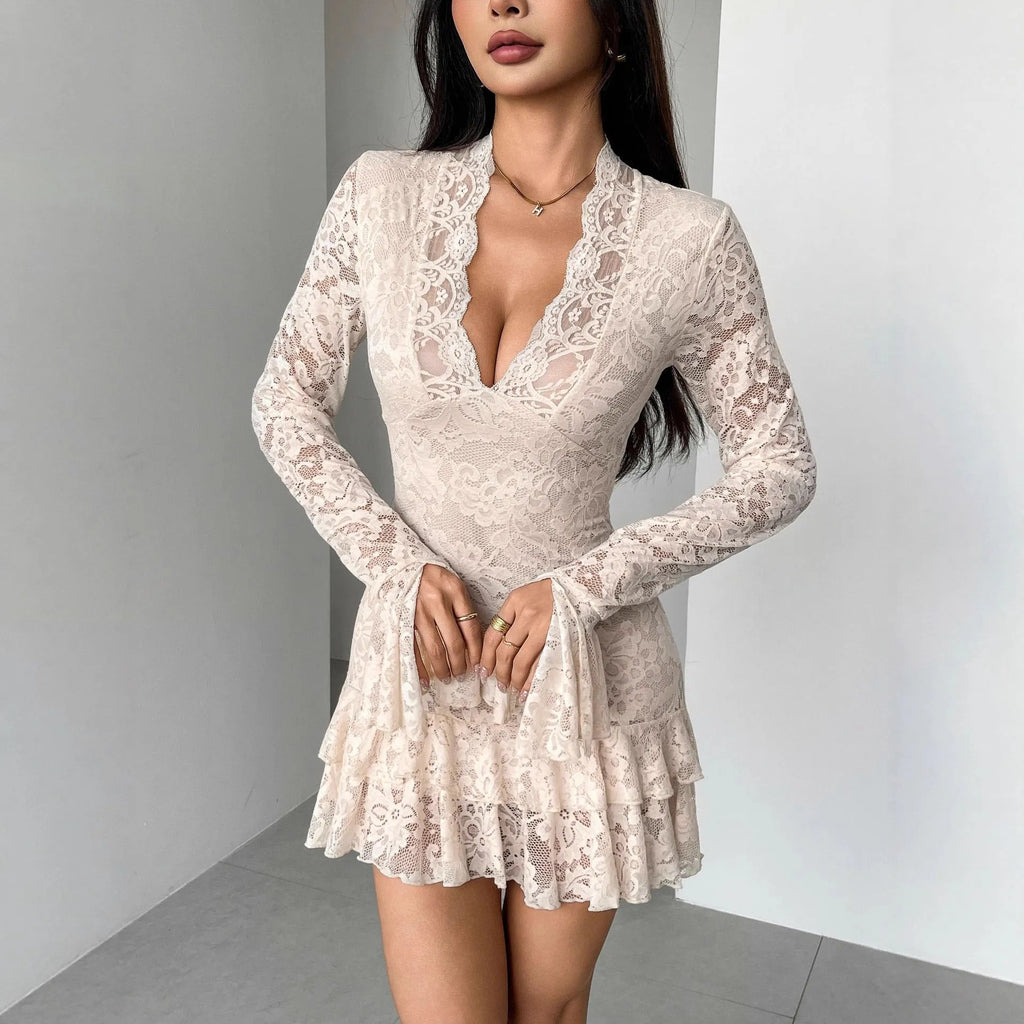 Apricot lace V-neck mermaid dress with floral print and flared sleeves on a mannequin