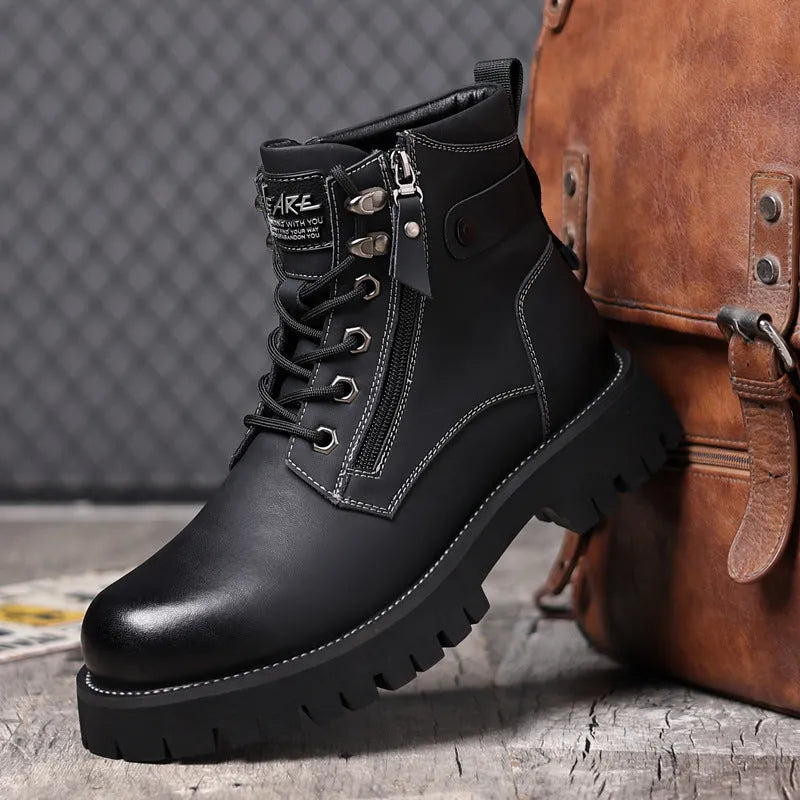Men's brown high-top leather Martin boots with a velvet upper and a side zipper