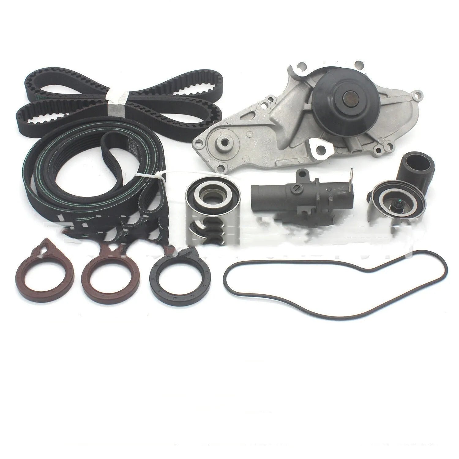 Metal belt and water pump assembly for automotive cooling systems measuring 28x18x16 cm