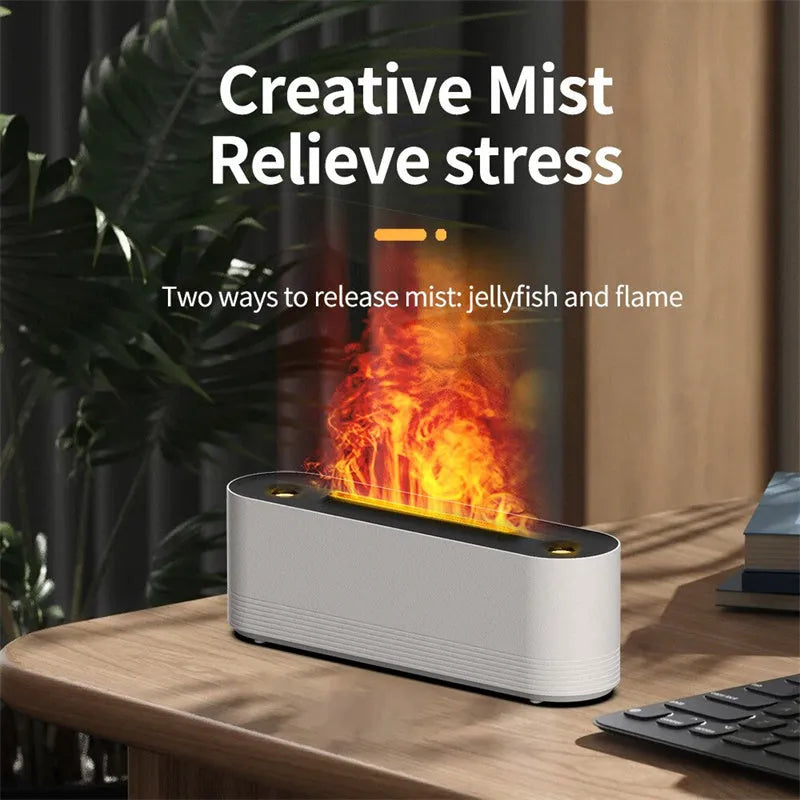 Black and white ultrasonic flame air humidifier and aroma diffuser with LED lights on a table.