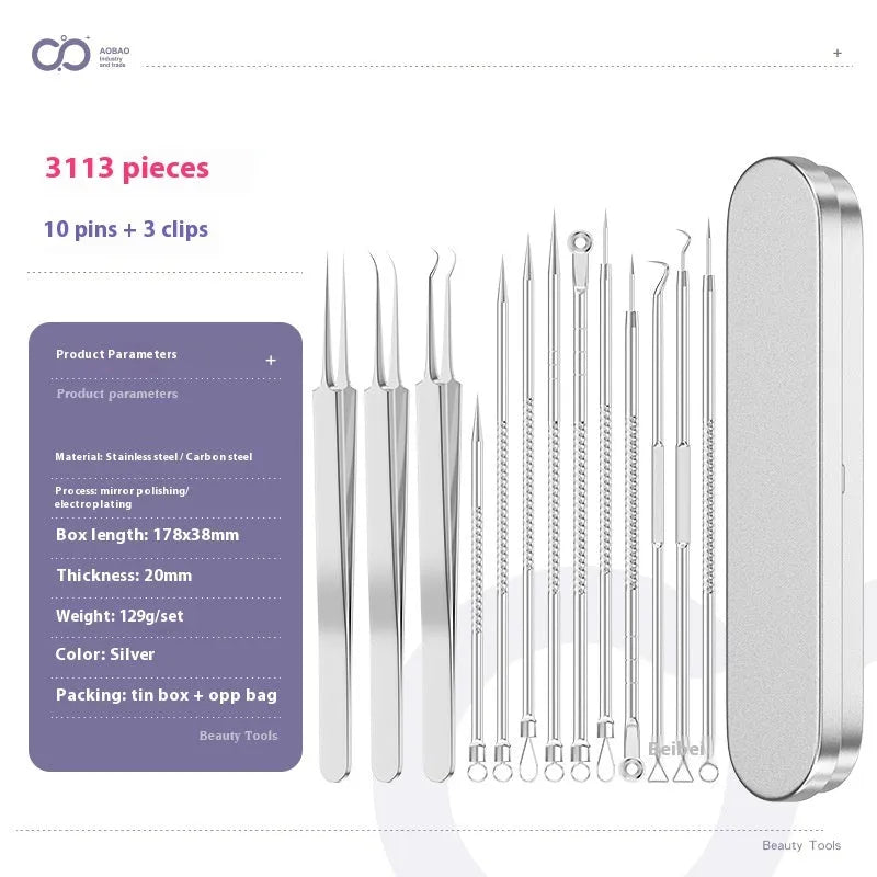 Four metal acne needles with ultra-fine pointed tips laid out in a set.