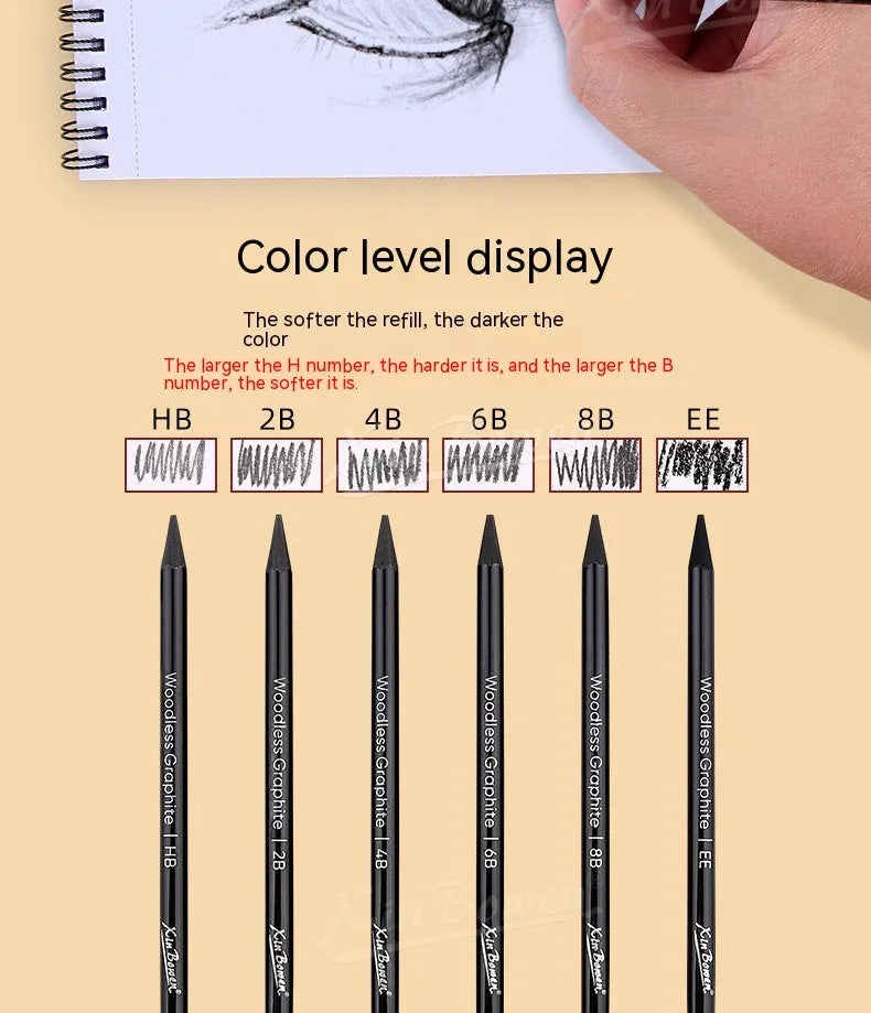 Six wood-free graphite sketching pencils showing different darkness grades from HB to EE