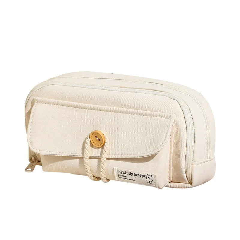 Korean-style canvas pencil case in green, beige, blue, and grey colours storing approximately 80 pens