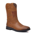 Men's brown retro cowboy boots with wide head design, high shaft, and horseshoe heel