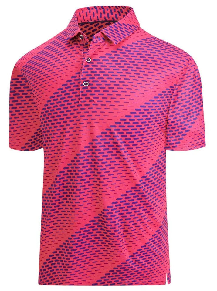 Man wearing a grey short sleeve T-shirt with a retro Japanese pattern and a decorative zipper on the chest.