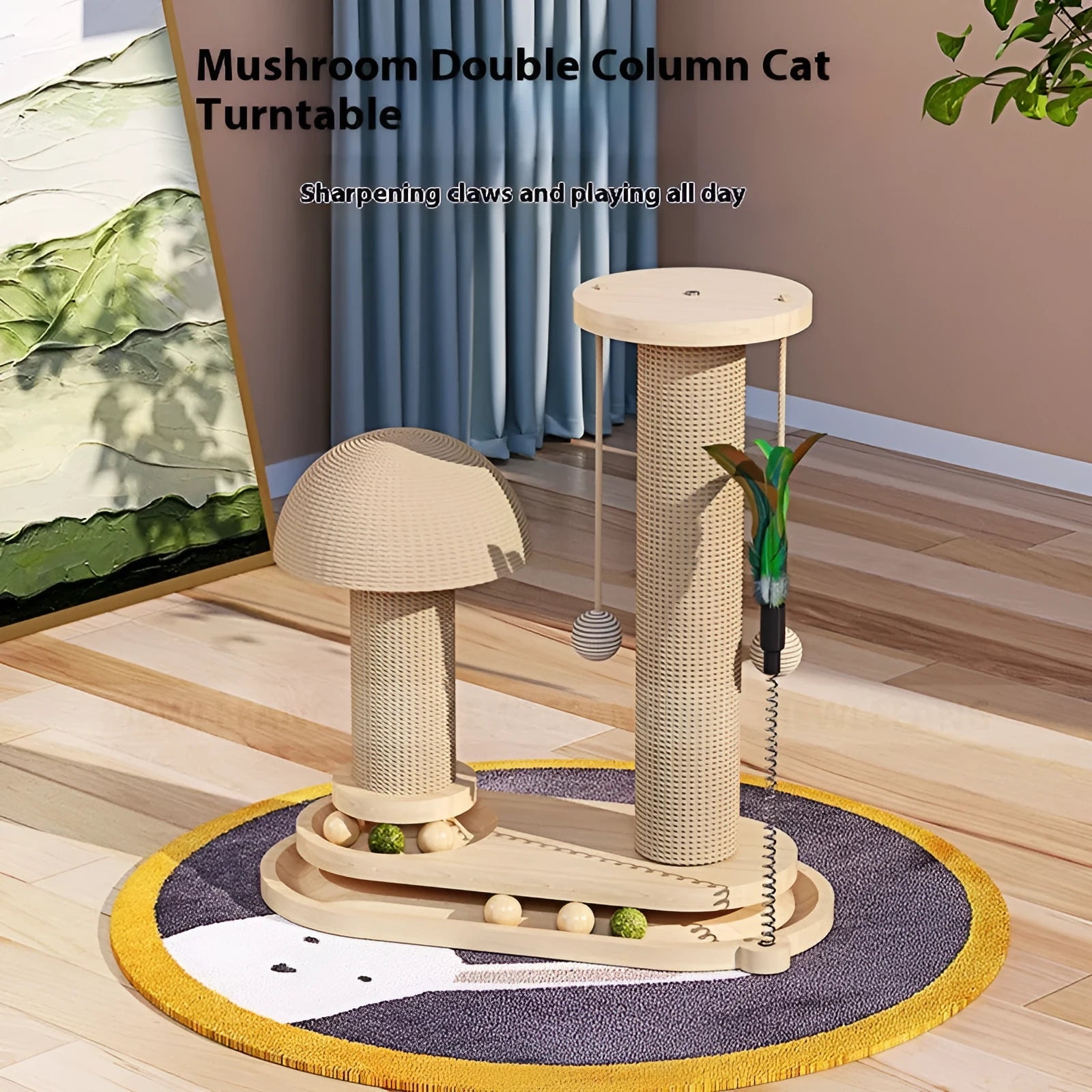 Solid wood cat climbing frame with oval turntable scratching post