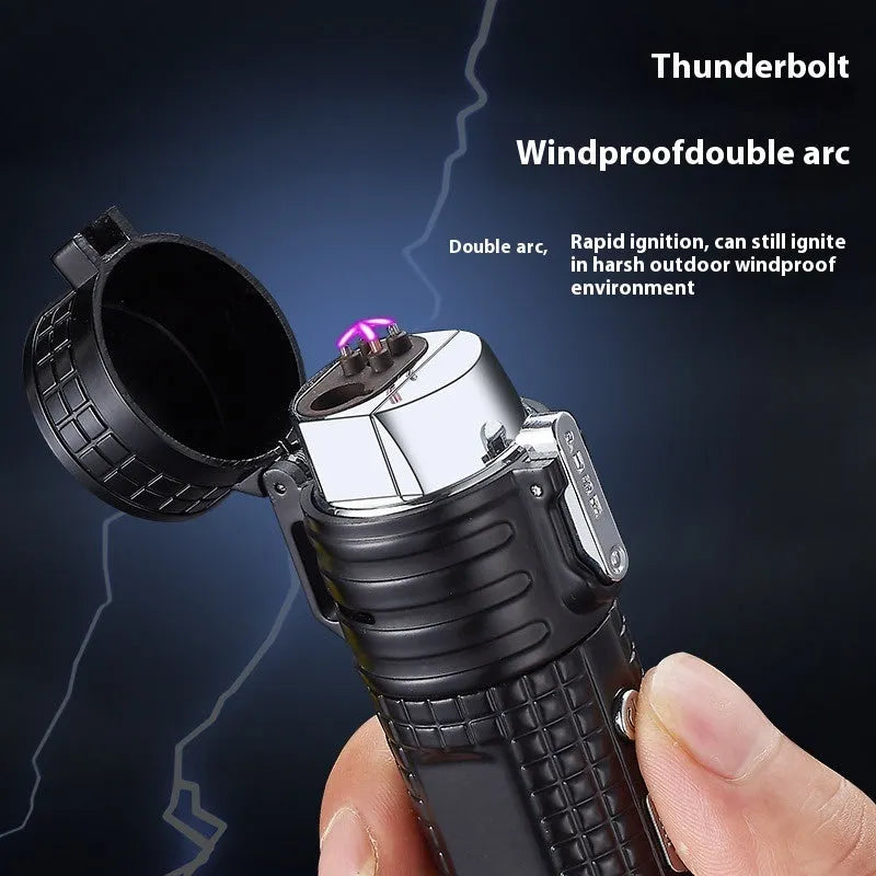 TH727 multifunction metal flashlight lighter shown in camouflage, red, black, blue, and yellow colour options.