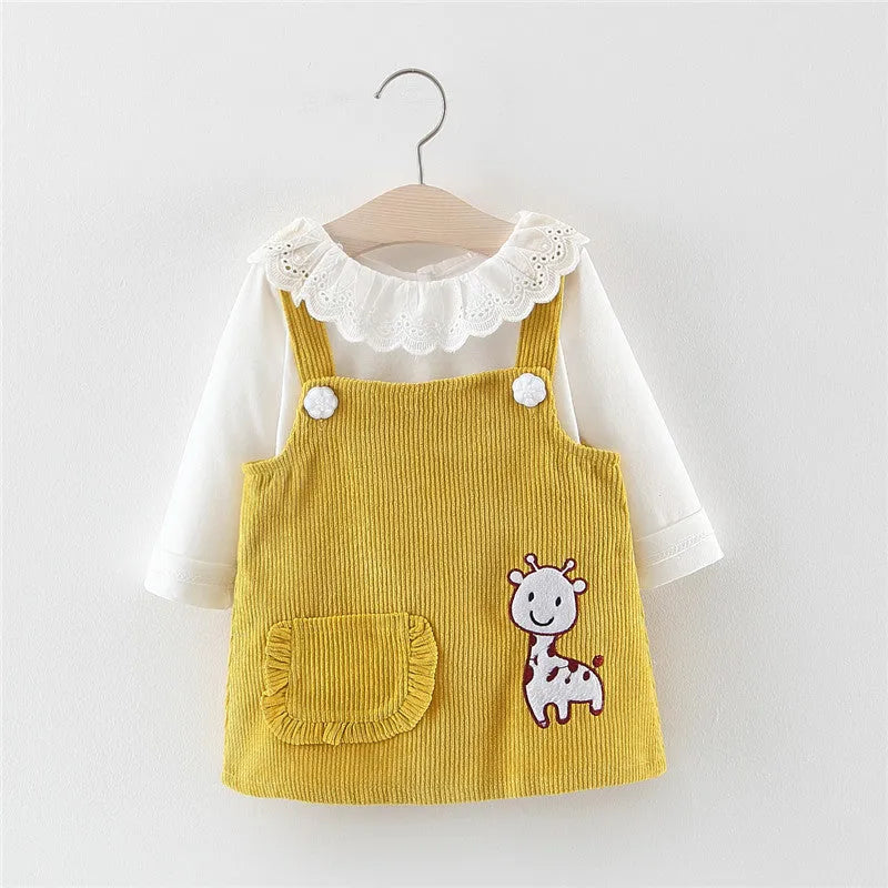 Baby girl two-piece cotton suspenders dress set in yellow with cartoon animal print