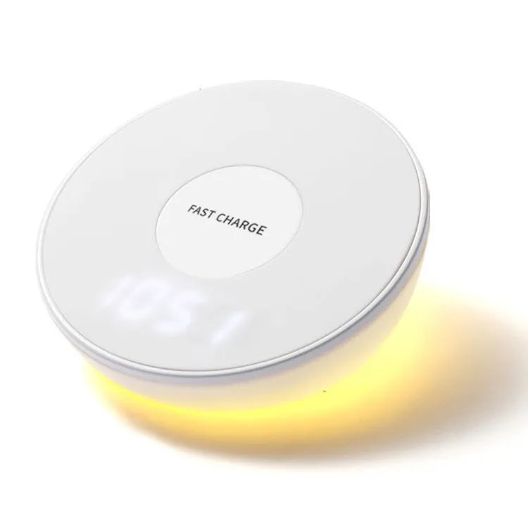 White Qi wireless charging pad with LED digital clock display and three control buttons