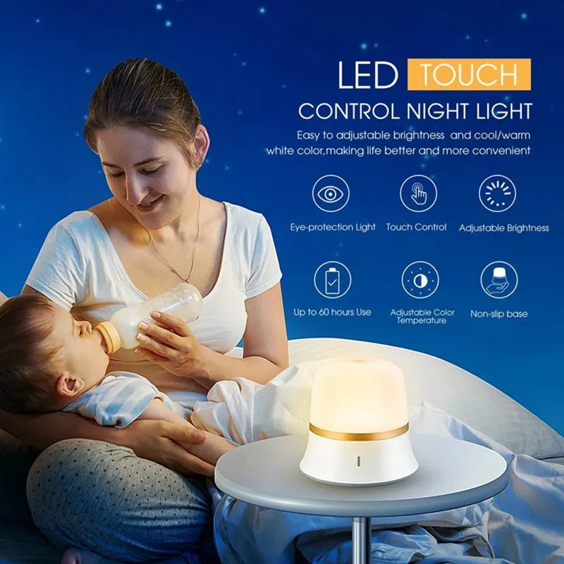 White cylindrical bedside night light with touch controls for dimming and colour changing