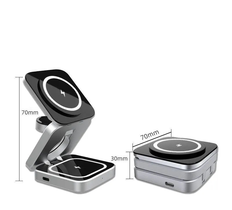 Three-in-one desktop wireless charging bracket showing foldable design with charging areas for multiple devices