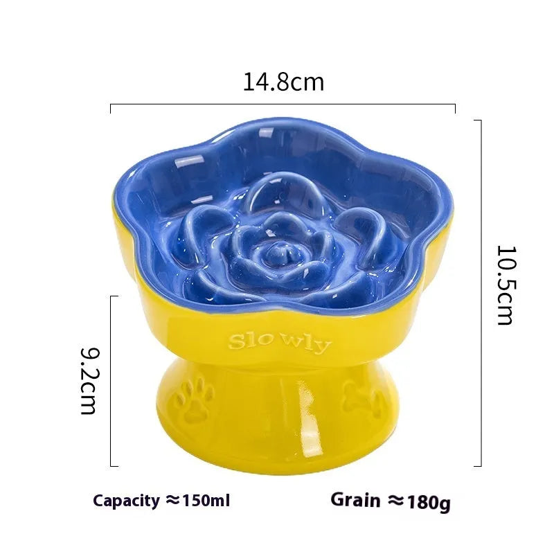 Ceramic pet bowl with high foot design showing anti-tumble stability feature