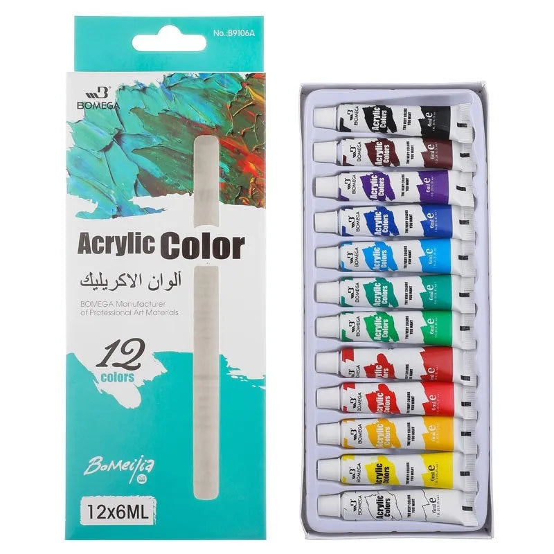 Set of twelve acrylic paint tubes in assorted colours for multi-medium art use.