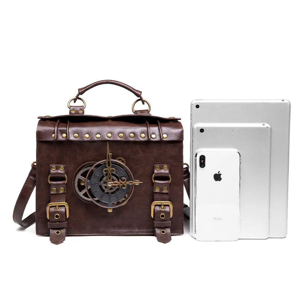 Bronze steampunk industrial retro shoulder bag with metal hardware and square pillow shape.