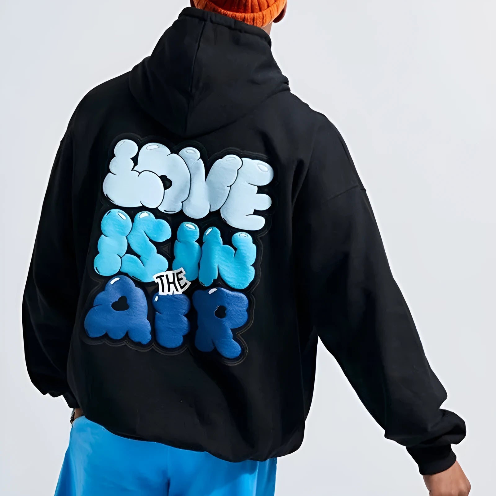 Black milk bottle and lemon print cotton blend pullover hoodie in hip hop style front view