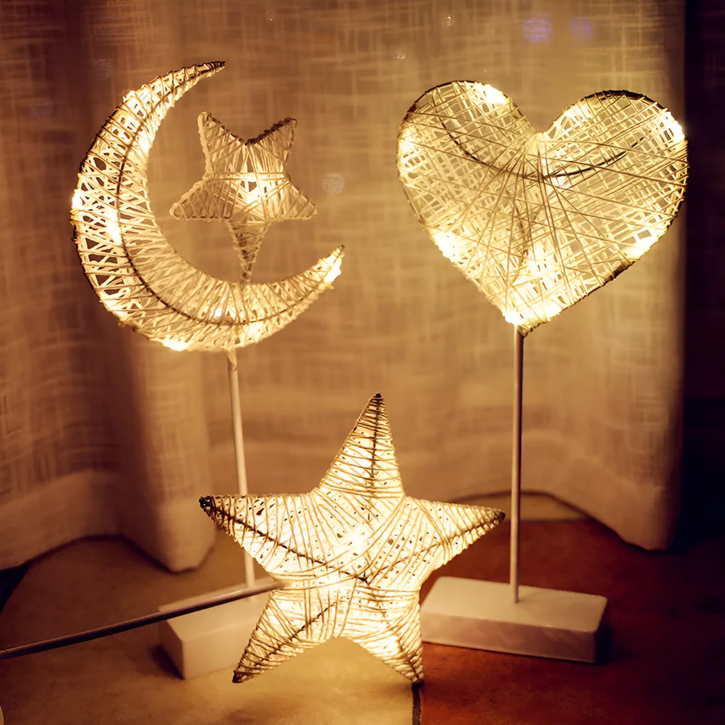 Battery-powered rattan and PC decorative LED lamp in heart, star, or moon shape.