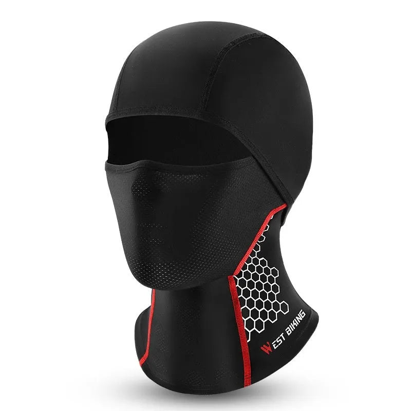 Black full face ice silk sunscreen riding mask on white background