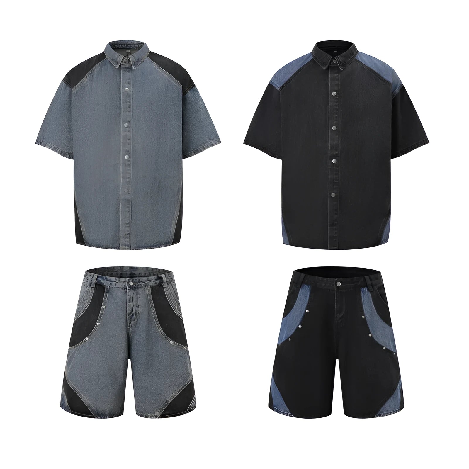 Retro washed denim suit set with short-sleeve jacket and matching trousers in blue colour